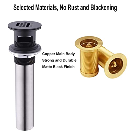 Vessel Sink Drain, Brass Sink Drain, 19 Holes Grid Drain Strainer Assembly with Overflow for Bathroom Sink, Matte Black, Not Pop Up Drain