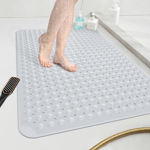 OTHWAY Large Shower Mat 34"x 23", TPE Non Slip Shower Mat for Walk in Shower Stall, Inside Shower Mats with Drain Holes Suction Cups, Anti-Slip for Elderly (Light Grey) - color: Light Grey, size: 34" x 23" (Rectangular)