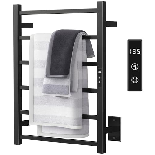 Heated Towel Rack with 24hr Timer, Matte Black, Plug-in/Hardwired | 304 Stainless Steel, Wall Mounted 6-Bar Electric Towel Warmer Rack for Bathroom, with Temperature Control, 105W