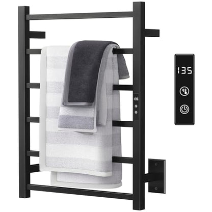 Heated Towel Rack with 24hr Timer, Matte Black, Plug-in/Hardwired | 304 Stainless Steel, Wall Mounted 6-Bar Electric Towel Warmer Rack for Bathroom, with Temperature Control, 105W