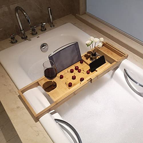 Homemaid Living Luxury Bamboo Bathtub Tray - Expandable Bathroom Tray with Reading Rack or Tablet Holder, Premium Bath Tray Includes a Wine Glass Holder, Cloth Book/Pad/Tablet Stand