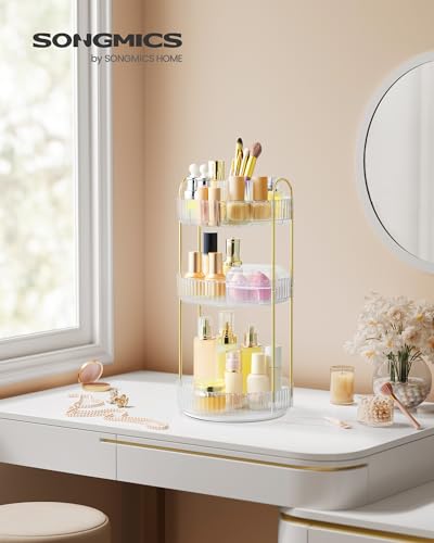 SONGMICS Makeup Organizer, 3-Tier Countertop, Customizable | Customizable skincare organizer countertop, round rotating, toiletries vanity organizer, lazy Susan, gift UJKA011W02 - color: Transparent, style: Round