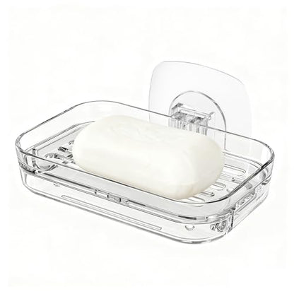 Soap Dish for Shower Wall Mounted, Soap Bar Holder Self Draining, Strong Adhesive Mount Soap Saver Sponge Holder for Bathroom Bathtub Kitchen Sink, Clear
