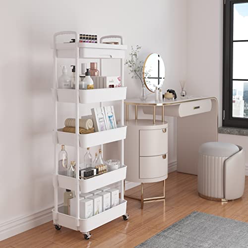 Calmootey 5-Tier Rolling Utility Cart with Drawer,Multifunctional Storage Organizer with Plastic Shelf & Metal Wheels,Storage Cart for Kitchen,Bathroom,Living Room,Office,White | Space-Saving Organizer, Sturdy Plastic Shelves, Smooth-Rolling Metal Wheels,