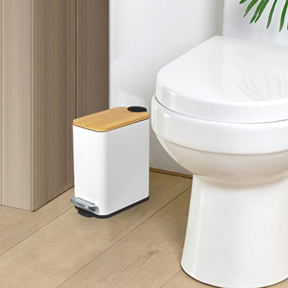 SIDIANBAN Bathroom Trash Can with Bamboo Lid Soft Close and Foot Pedal, Small Rectangular Slim Garbage Can with Inner Wastebasket for Bedroom, Office, Kitchen, 1.3Gal/5L, Black | Small Rectangular Slim Garbage Can with Inner Wastebasket for Bedroom, Offic