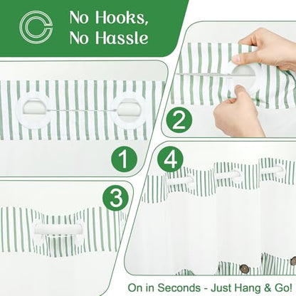 ASPMIZ Farmhouse Striped Shower Curtain and Liner Set No Hook, Green 71x86 | No Hook Shower Curtain with Snap in Liner Fabric, Rustic Washable Waterproof Bathroom Curtains with Button, Mesh Top Window - color: Green Striped, size: 71"W x 86"L (Pack of 1),