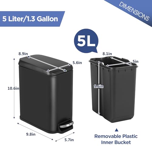 BestOffice | 1.3G Stainless Steel Trash Can with Lid | Black | Pack of 1 | Removable Inner Bucket, Soft-Close Step Pedal | Hands-Free Use | Easy to Clean | for Kitchen, Office, Bathroom - color: Black
