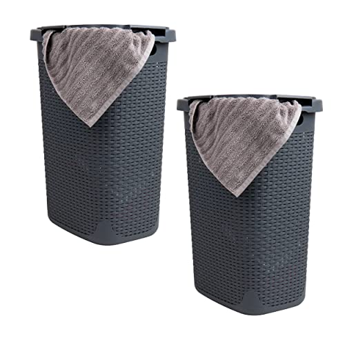 Mind Reader 60L Slim Laundry Hamper, Clothes Basket, Lid, Wicker Style, Plastic, 17.65"L x 13.75"W x 24.15"H, Set of 2, Gray - color: Gray, size: 2-Pack
