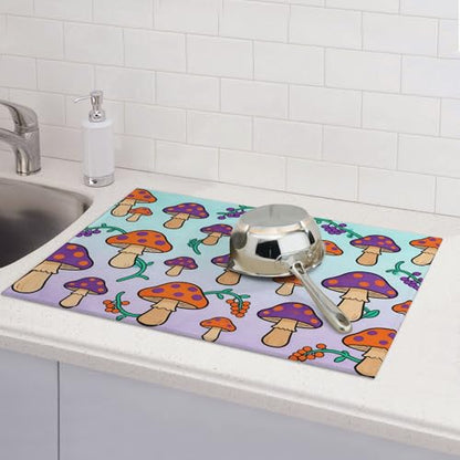 Cute Cartoon Mushroom Kitchen Dish Drying Mat Absorbent Reversible Microfiber Pad Fast Drying Countertop Protector Large “18 x 24" Dish Mat - color: Blue-purple-Mushroom