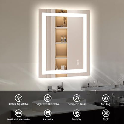 Hivone 24"X30" LED Bathroom Mirror with Lights, Anti-Fog, Dimmable, Backlit + Front Lit, Smart Bathroom Vanity Mirror, Memory Function, Shatterproof, Tempered Glass (Horizontal/Vertical) - size: 24"L x 30"W
