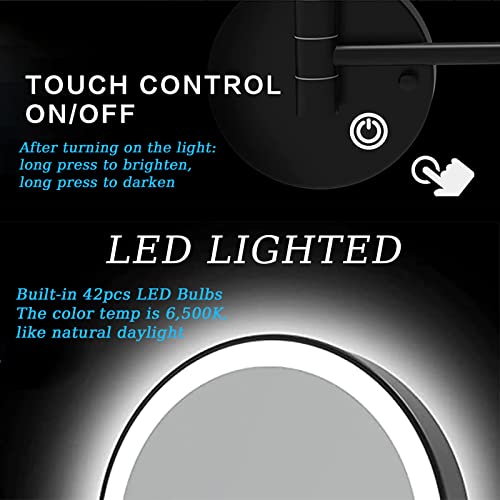 LED Makeup Mirror with Lights and 10x Magnification Vanity Mirror Wall Mounted Round Double Sided Vanity Magnifying with 360° Swivel Extendable Arm Make up Mirror,Black,Hard Wired ( Color : Black , Si
