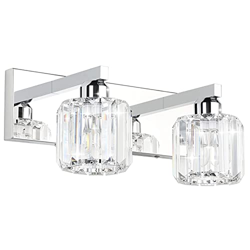 Aipsun Bathroom Vanity Lighting Fixtures Crystal Vanity Lights for Bathroom 2 Lights Stainless Steel Wall Lighting Fixtures(Exclude Bulb) - color: Chrome (Round), size: 15 inch