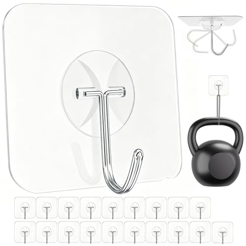 Latoxcaa Heavy Duty Adhesive Wall Hooks - Strong & Transparent, Hold up to 22lb, Waterproof & Reusable, Ideal for Kitchen, Bathroom, and Office (20 Pack) - size: 20 Medium Hooks