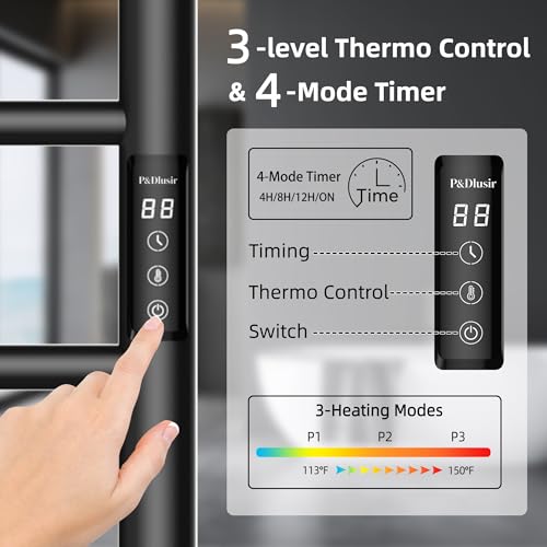 P&Dlusir EL13 Heated Towel Rack, Matte Black, 5 Bar | Fast Heat in 2 Min, Smart Timer, Thermo Control, Memory Functoion, Stainless Steel, Hard-Wired/Plug-in - color: Matte Black, size: 21.65"W x 17.72"H