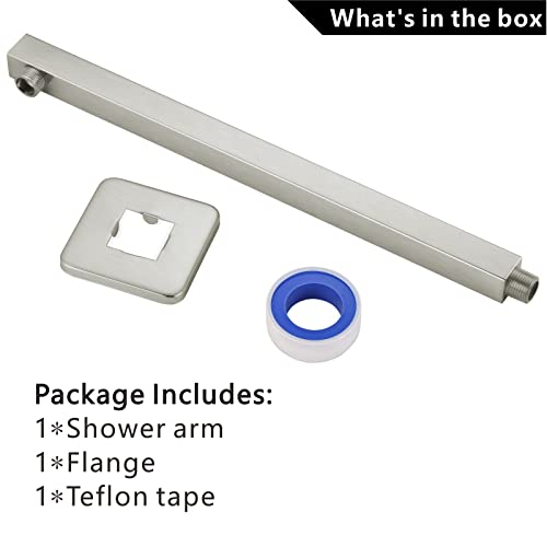 Voolan 16" Square Shower Arm with Flange and Teflon Tape, Extension Shower Head Arm for Bathroom Fixed Shower Head, Solid Stainless Steel, Wall Mounted (Brushed Nickel) - color: Brushed Nickel, style: 16 Inch