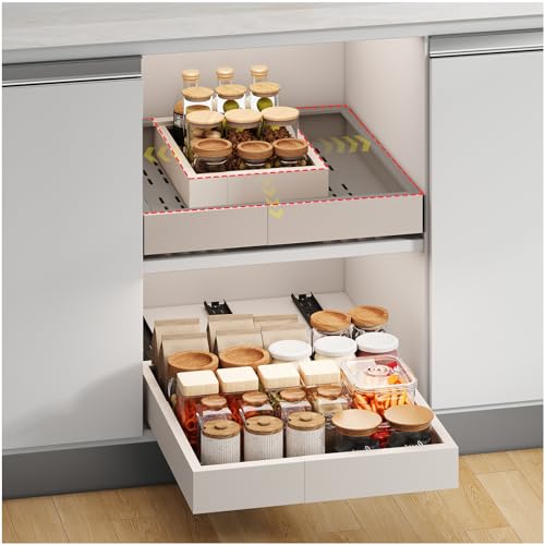 Pull out Cabinet Organizer,3 Sliding Rails,Width (11"-16"),Depth (13"-17") Expandable,No Drill Adjustable Slide out Drawers for Kitchen,Pantry, Adhesive Roll out Shelves,for Cabinets Without Lip,White - color: White, size: (11"W-16"W)X(13"D-17"D)