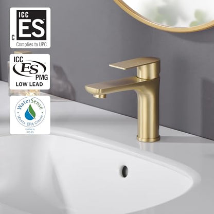 SUMERAIN Bathroom Sink Faucet Lead-Free 304 Stainless Steel Single Hole Single Handle Vanity Faucet, Brushed Gold | Lead-Free, Unique Flow Pattern, Water-saving, with Faucet Supply Lines, Easy DIY Install - color: Brushed Gold