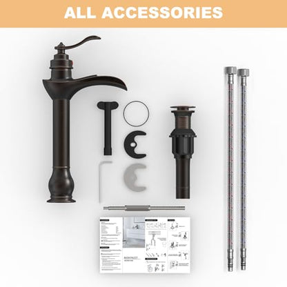 BWE Vessel Sink Faucet Oil Rubbed Bronze Tall Waterfall Bathroom Faucet | Bathroom Vanity Faucet with Pop Up Drain Assembly and Supply Hose Single Handle 1 Hole Lavatory Mixer Tap Tall Body - color: Oil Rubbed Bronze