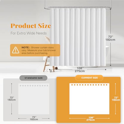 108x72 Linen Textured Waterproof Thick Cloth Shower Curtain Set, White | Extra Wide Size, 230GSM Polyester, Heavy Duty Fabric, Weighted Hem, 18 Plastic Hooks, Modern Hotel Style, Machine Washable - color: White, size: 108"W x 72"L (Pack of 1)