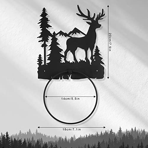 Funrous Deer Towel Holder for Bathroom Matte Black Metal Hand Towel Holder | Rustic Forest Elk Cub Decorative Bath, Toilet Wall Mounted Ring, Hanging Hand Cloth, Round Washcloth Rack Home Kitchen - style: Elk