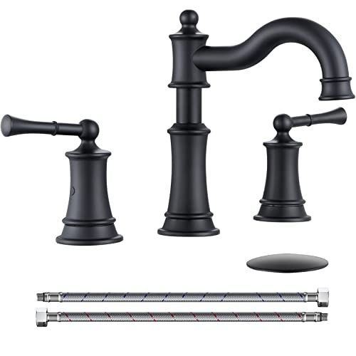 Roman Bathroom Sink Faucet Deck Mount or Wall Mount Installation Pop-up Drain Assembly with Overflow Deck Plate and Water Supply Lines Included (3 Hole Deck Mount, Matte Black) - color: Matte Black, style: 3 Hole Deck Mount