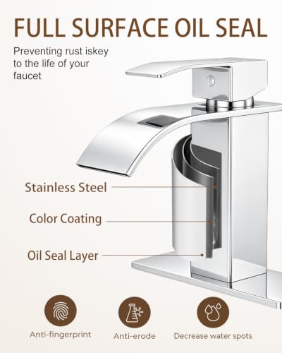 Waterfall Single Handle Bathroom Sink Faucet with Drain Chrome | Chrome Vanity Faucet with Pop-up Drain, Ceramic Valve, for 1 or 3 Hole Modern Bathrooms. - color: Chrome