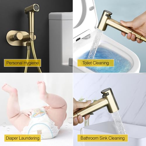 Handheld Bidet Sprayer Set Concealed Hot and Cold Bidet Spray for Toilet with Brass Valve Warm Water Round Bidet Attachment Set for Feminine Hygiene, Pets and Baby Diaper Wash, Brushed Gold