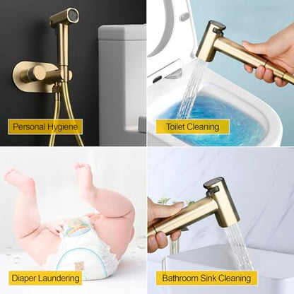 Handheld Bidet Sprayer Set Concealed Hot and Cold Bidet Spray for Toilet with Brass Valve Warm Water Round Bidet Attachment Set for Feminine Hygiene, Pets and Baby Diaper Wash, Brushed Gold