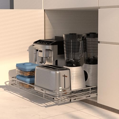 Pull Out Cabinet Organizer 24" W x 21" D, Chrome-Plated Steel | Slide Out Kitchen Shelves, Heavy-Gauge Wire Storage Drawer, Ball-Bearing Glides, 100 Lb Capacity, Min 25" Cabinet Opening - size: 24" W x 21" D