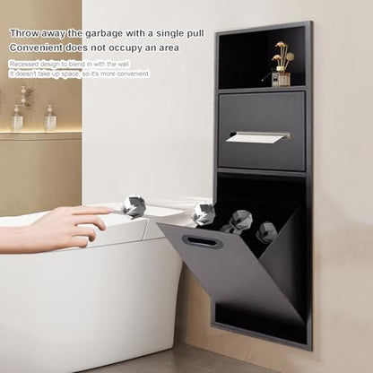 Stainless Steel Recessed Shower Nich with Built-in Trash Can(25.4X11.2IN) | Waterproof Bathroom Niche Toilet Paper Toiletries Storage Rack for Kitchen Living Room Bedroom Hotel Residential - color: Black