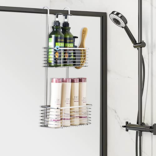 YQh Stainless steel double-layer shower rack, shower room hanging bathroom organizer, storage rack installed on the hanging bar or door, can store shampoo, hair conditioner, shower gel (double) - size: double layer shelf