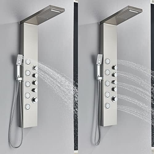 LED Light Shower Panel Tower Rainfall Waterfall Shower Head with Massager Jets Body System Jet Black B (Color : Brushed Nickel D) - color: Brushed Nickel D
