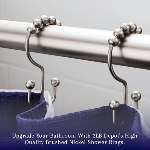 2lbDepot Double Sided Shower Curtain Hooks, Decorative Brushed Nickel Shower Curtain Hooks Rust Proof, Premium Stainless Steel Metal Hooks, Easy Glide Rollers, Set of 12 Curtain Rod Rings - color: Brushed Nickel