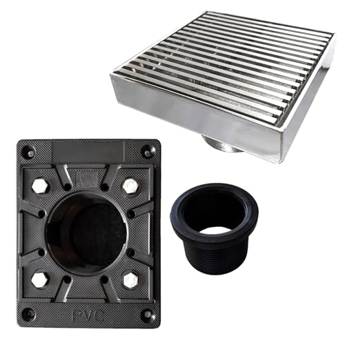 304 Stainless Steel 4 Inch Brushed Nickel Square Shower Drain Kit with Base Linear Wedge for Tile Floor Drain Grate Cover Hair Catcher Trap (Brushed Stainless Steel, Square PVC Plastic) - color: Brushed Stainless Steel