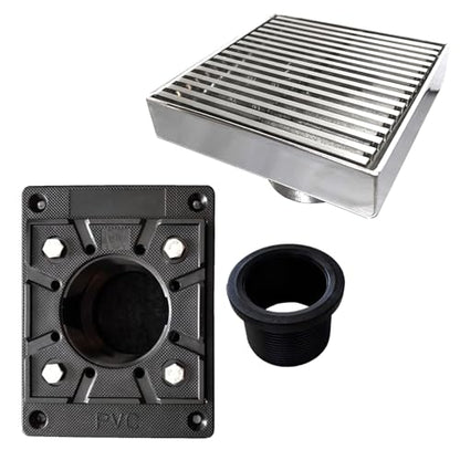 304 Stainless Steel 4 Inch Brushed Nickel Square Shower Drain Kit with Base Linear Wedge for Tile Floor Drain Grate Cover Hair Catcher Trap (Brushed Stainless Steel, Square PVC Plastic) - color: Brushed Stainless Steel