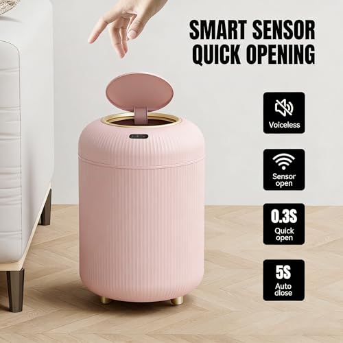 URALFA Motion Sensor Trah Can Bathroom, Automatic Pink Trash Can with Lid | 3 Gal Touchless Bathroom Garbage Can with Lid, Smart Trash Bin for Bedroom, Office, Restroom, Removable Legs, Pink and Gold - color: Pink
