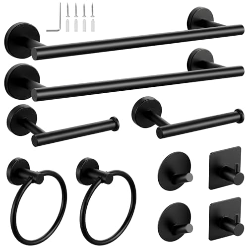 Tudoccy 10-Piece Matte Black Bathroom Hardware Set, 16in SUS304 | Wall-mounted Towel Racks, Hand Towel Holder For Bathroom Decor, Rustproof Stainless Steel Construction - color: Black, size: 16 Inch 10 pcs