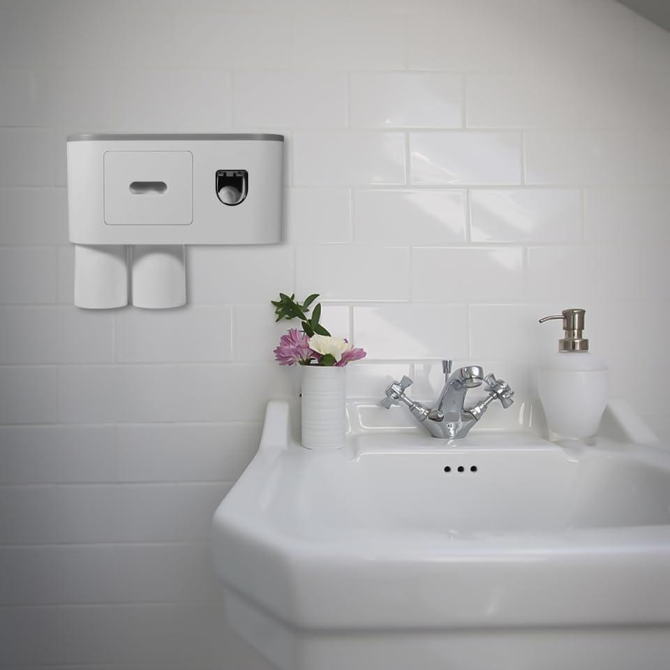 Wall Mounted Toothbrush Holder Set with Toothpaste Dispenser 2 Cups Punch Free Bathroom Toothbrush Organizer Rack Overhang Gargle Rack for Bathroom Storage