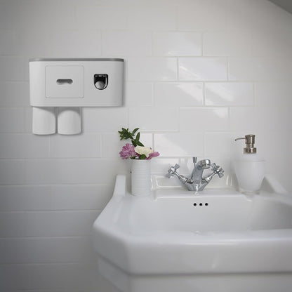 Wall Mounted Toothbrush Holder Set with Toothpaste Dispenser 2 Cups Punch Free Bathroom Toothbrush Organizer Rack Overhang Gargle Rack for Bathroom Storage