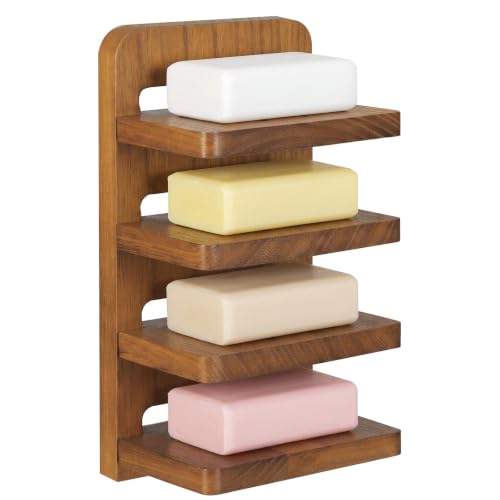Natural Wood 4-Tier Bar Soap Holder, Tilted Self-draining Wall Mounted Soap Tower Tray with 4 Strong Adhesive Strips, 8.27" x 4.72" x 3.54" Rustic Wooden Soaps Organizer for Shower & Sink