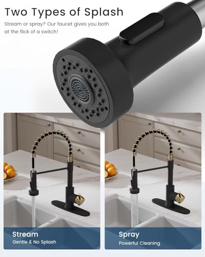 APPASO Black and Gold Spring Kitchen Faucet with Soap Dispenser | NSF/ANSI/CAN 372 & Lead-free, Commercial Single Handle High Arc Faucet for Farmhouse Camper Bar Sink Laundry Room - color: Black & Gold