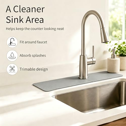 29"L x 5.5"W Customizable Grey Faucet Mat: Quick Dry Extra Absorbent Sink Mat & Bathroom Counter Protector - Freely Custom Cuttable with 2 or 3 Hole Faucet Design - Extra Long Splash Guard Pad