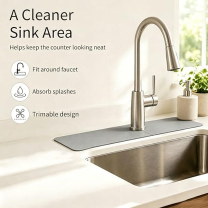 29"L x 5.5"W Customizable Grey Faucet Mat: Quick Dry Extra Absorbent Sink Mat & Bathroom Counter Protector - Freely Custom Cuttable with 2 or 3 Hole Faucet Design - Extra Long Splash Guard Pad