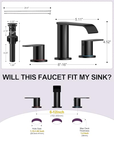 2 Pack Matte Black Waterfall Bathroom Faucet for Sink 3 Hole 8 Inch | Widespread Bathroom Sink Faucets with Pop-up Drain Supply Lines Stainless Steel 2-Handle Bathroom Sink Faucet by Homevacious - color: Matte Black X 2, size: 8 Inch Widespread
