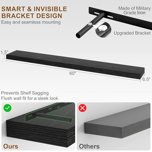 Fun Memories 60 Inch Fireplace Mantel - Long Floating Shelf, Wall Mounted Farmhouse Display with Invisible Heavy Duty Metal Bracket, Balck, 2 Pack - color: Black, size: 60"W x 6.5"D