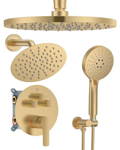 Shower System with Pressure Balance Valve, 10" Ceiling Mount Shower Faucet Set with 2 Rain Shower Head And Multi-function Handheld Head Push Button Diverter Pressure Balancing Valve Kit, Brushed Gold - color: Brushed Gold, style: 10"-Round