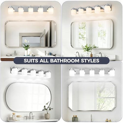36.5 Inches Bathroom Vanity Light, 5-Light Chrome Bathroom Light Fixtures Over Mirror, Bathroom Light Shower Lamp with Milky White Square Glass Shade, Modern Farmhouse Lighting Fixtures - color: Chrome, size: 36.5 Inch : 5-lights