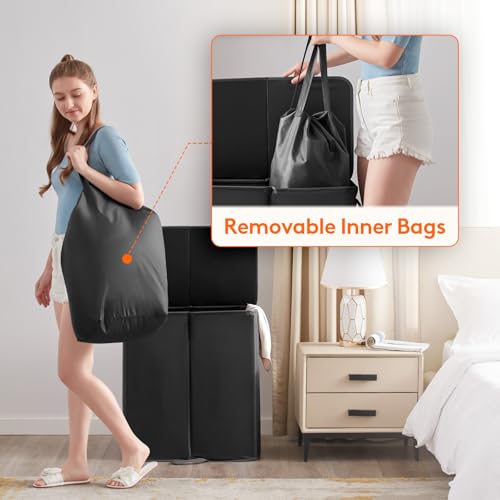 Lifewit 136L Double Laundry Hamper with Lid and Removable Laundry Bags, Large Divided Hamper, Collapsible 2 Section Laundry Basket with Handles for Bedroom, Bathroom, College Dorm, Laundry Room, Black - color: Black
