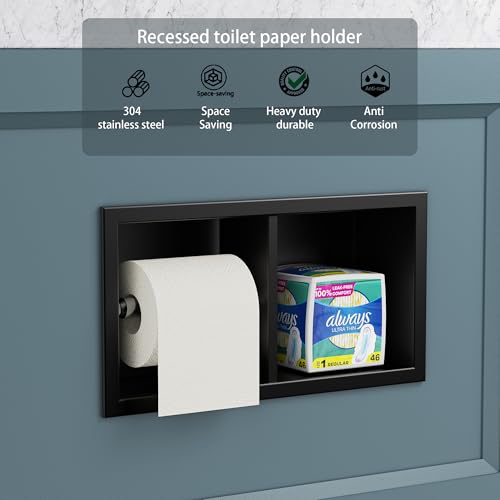 Neodrain Matte Black Recessed Toilet Paper Holder,for Standard/Mega Roll | Dual Roll, 304 Stainless Steel, Hidden In-Wall, Simple Loading and Unloading, Space-Saving for Modern Bathrooms & RV - color: Matte Black