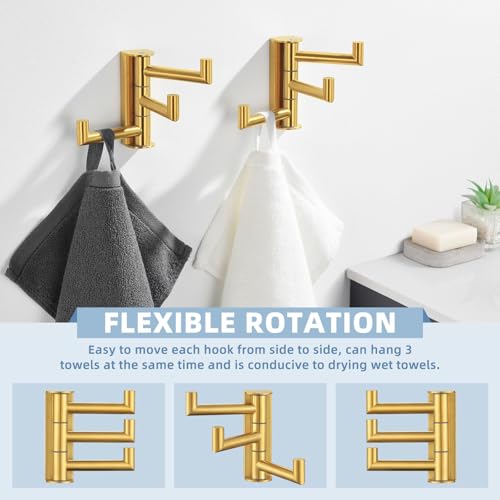 Suyar Brushed Gold Towel Hook, Bathroom Swivel Coat Robe Holder with 3 Arms | SUS304 Stainless Steel, Wall Mounted, 2 Pack - color: Brushed Gold, size: 2 Pack